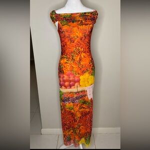 NWT! ZARA OFF SHOULDER MIDI Chili Pepper Picante PRINTED TULLE DRESS - Size S